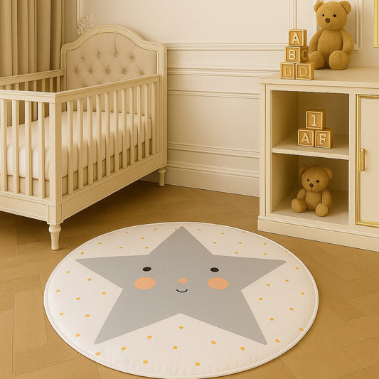 Children's room with a star-shaped rug, crib, and shelves with toys.